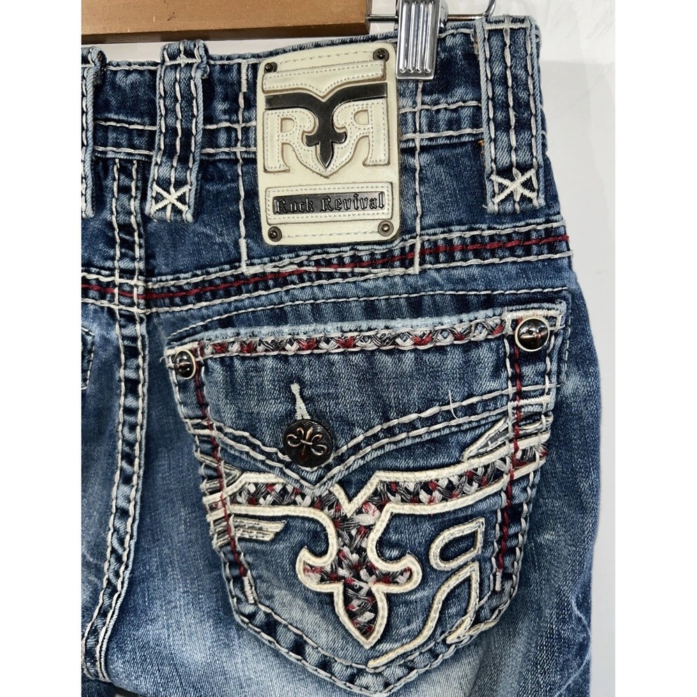 Rock Revival WREN Mens Jeans Straight Leg Multi Colored Stitching Sz 29 35" Ins